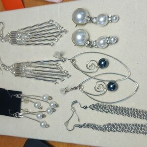 Silvertone Dangle Statement Earrings Lot 5 Pair